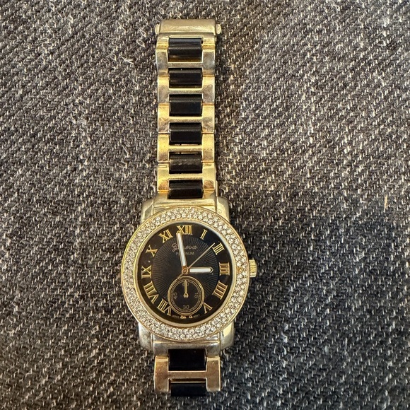 Geneva Platinum Accessories - Geneva Platinum 4967 S/S Back Black Gold Tone Bling Bezel Japan Movt Black Face